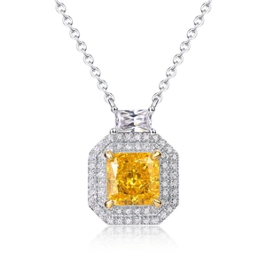 Collier de luxe en argent S925 avec diamant jaune carré et taille Radiant étincelante