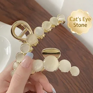Elegant Hair Claw Clip Alloy Metal With Faux Cat Eye Stone And Artificial Pearls Strong Hold Vintage Hair Styling Accessory For Women