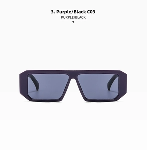 Detail view of purple rectangular thick frame sunglasses with UV400 dark lenses C03
