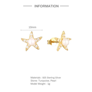 Macro detail of 10mm 925 sterling silver starfish earrings with pearl and zircon inlay