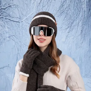 Winter 3-piece knitted hat scarf gloves set in coffee brown with skiing goggles
