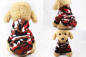 Three-view display of camouflage dog hoodie featuring ribbed cuffs and warm fleece lining