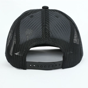 Rear view of black mesh baseball snapback cap with adjustable strap for summer