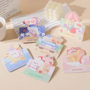 Detailed view of six cartoon animal cards with space, rainbow and bear themes for kids