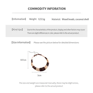 Size chart showing 107cm long vintage ethnic necklace made of wood beads and coconut shell