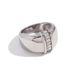Polished silver stainless steel thick band ring with vertical baguette-cut crystals