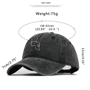 Detailed size chart for vintage washed cotton baseball cap with embroidered puppy design