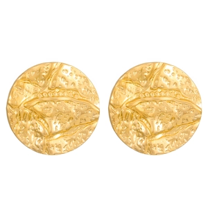 Minimalist gold stainless steel round earrings with irregular textured hammered finish