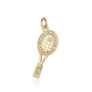 Macro view of a gold-plated tennis racket pendant with sparkling zircon micro-pave stones
