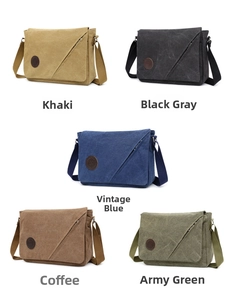 Canvas messenger bag collection showing khaki, grey, blue, coffee and green color options