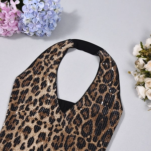 Detail of leopard print sequins and halter neck V-neck design on the stylish crop top