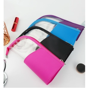 Trousses à maquillage transparentes en quatre couleurs avec texture maille et zip