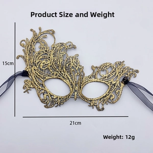 Detail view of gold lace masquerade mask with dimensions 21cm x 15cm and ribbon ties