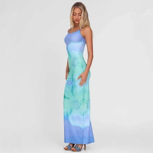 Slim fit bodycon maxi dress with blue-green marble print and backless cami straps