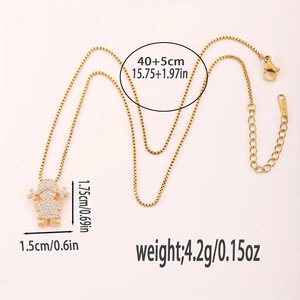 Gold girl pendant necklace with zircon pavé, box chain design, 40+5cm length