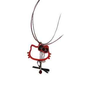 Cartoon red cat hollow pendant necklace with black bows and long silver chain tassels