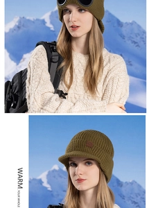 Detail of army green winter knit beanie with integrated goggles and ear protection