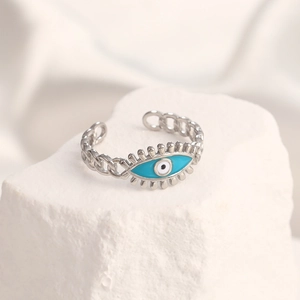 Adjustable evil eye ring in silver finish with blue enamel and chain link band