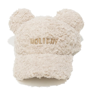 Cute teddy fleece baseball cap with bear ears and holiday embroidery in beige