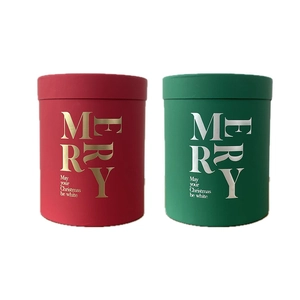 Christmas cylindrical flower gift boxes in red and green with gold foil Merry lettering