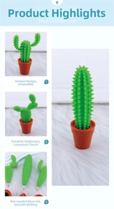 Detailed view of cactus-shaped pens with orange pots and smooth blue ink refills