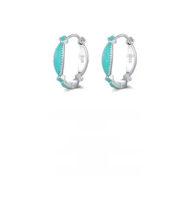 Detailed view of S925 sterling silver hoop earrings with mint green enamel and S925 hallmark