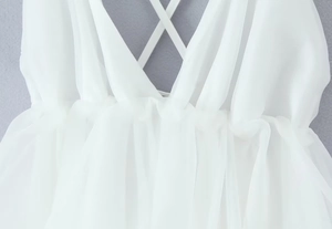 Détail de robe blanche avec décolleté en V profond, fines bretelles et taille plissée