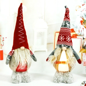 Set of two plush Christmas Gnomes with red knitted hats and long white beards for holiday decor