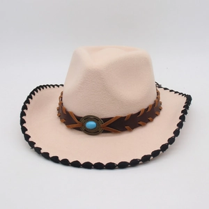 Ethnic western cowboy felt hat in beige with turquoise leather band and black whipstitch