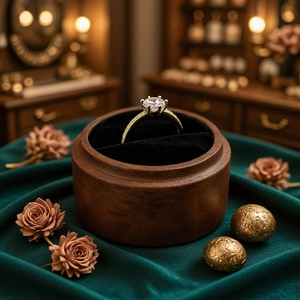 Detailed view of luxury diamond ring in a vintage dark wooden box for wedding ceremonies