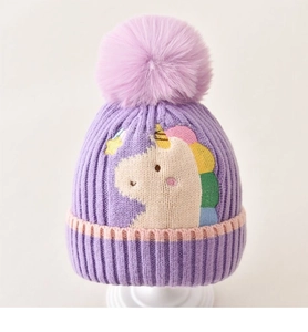Purple knit baby hat with unicorn embroidery and fluffy pompom detail for winter