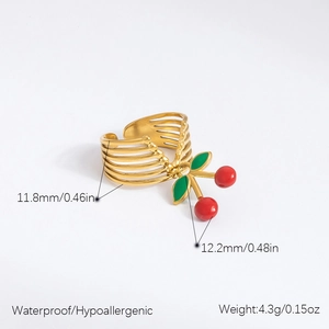 Gold stainless steel cherry pendant open ring with multi-layered design and waterproof finish