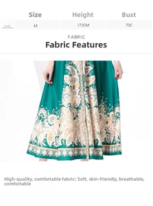 Size chart and fabric details for court-style flutter sleeve printed maxi dress
