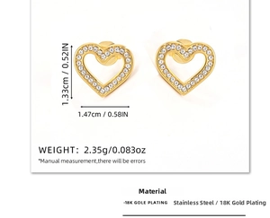 Detailed view of heart-shaped gold earrings with white cubic zirconia and size dimensions