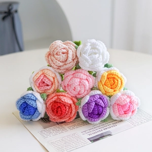 Handmade knitted colorful rose bouquets in multi-color yarn for home decor and gifts
