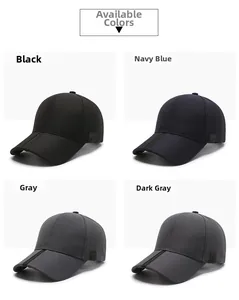 Detail view of cotton baseball caps in black, navy, grey, and dark grey color options