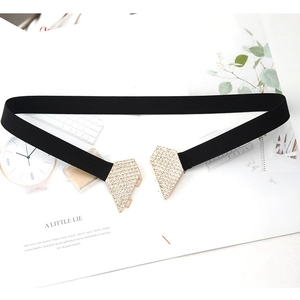 Elastic black waist belt for women featuring sparkling rhinestone heart buckles