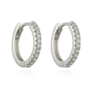 Minimalist silver plated hoop earrings with zircon stones on a white background