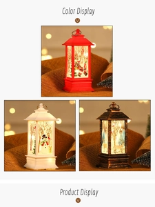 Detailed color display of Christmas LED lanterns featuring Santa, Snowman and Elk designs