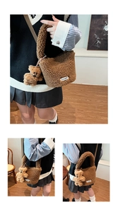 Detail of plush faux shearling bucket bag with cute bear charm and woven label
