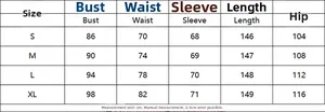 Detailed size chart for long sleeve leopard maxi dress from S to XL in centimeters