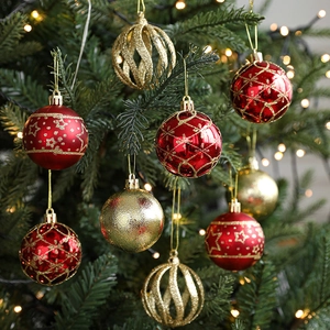 6cm red and gold Christmas ball set with glitter patterns on pine branches