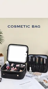 Internal view of a makeup case with LED mirror, adjustable dividers and brush slots