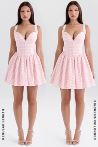 Detail view comparing regular length and 5cm longer pink gingham lace mini dress