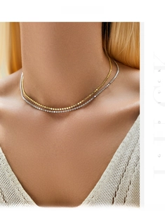 Close-up of dual-layer gold and silver bead choker necklace set on model collarbone