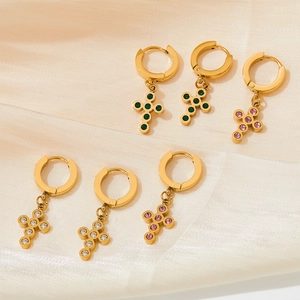 Baroque gold stainless steel hoop earrings with colorful zircon cross charms on silk