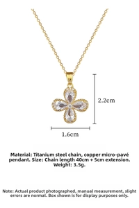 Detailed view of lucky clover pendant with micro-set zircons and titanium steel chain