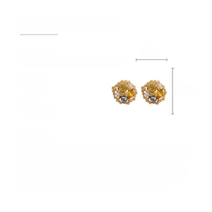 Detailed view of floral pearl stud earrings with size and material specifications