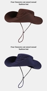 Detail view of quick-dry sun hats in brown and navy blue with adjustable chin straps