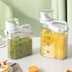 Plastic Grain Rice Storage Container With Measuring Cup Lid Handle Moisture Proof Transparent Kitchen Organizer